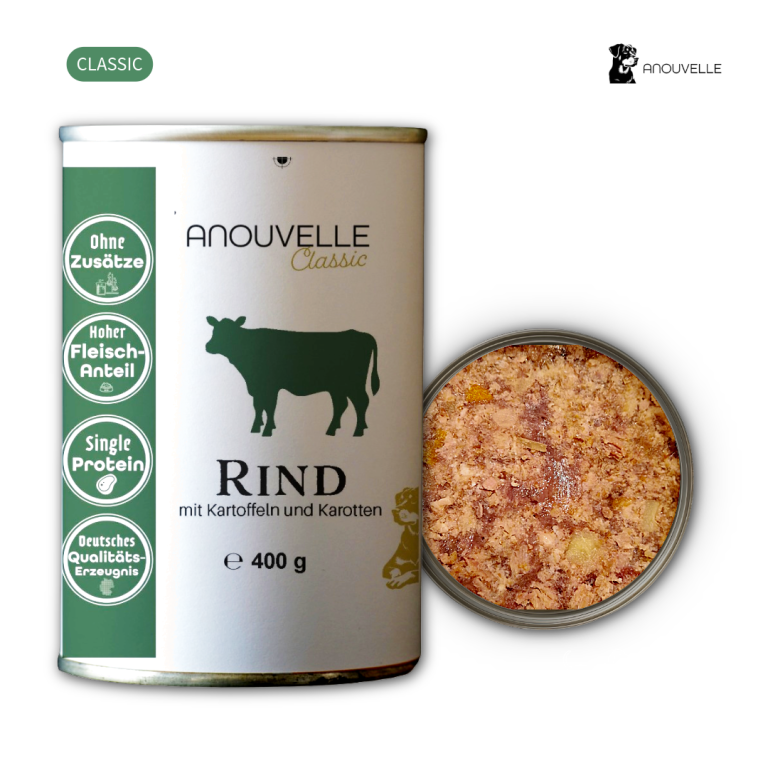 Dose mit Rindfleisch und Stückchen, Inhalt 400 g, klassisch etikettiert.