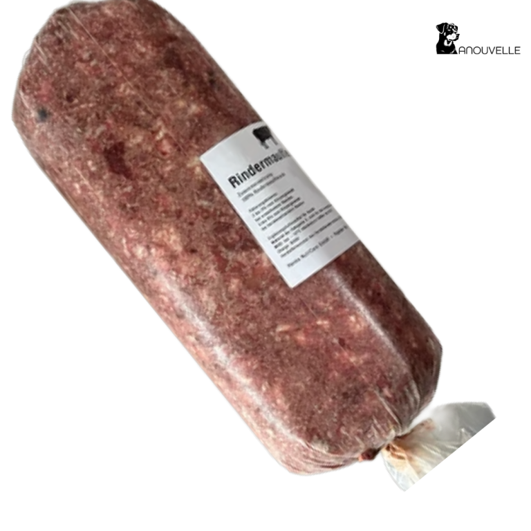 BARF Wurst 3 kg - Anouvelle Christiana Gramlich Rohwurst in einer Verpackung, zylindrische Form mit einem Etikett.