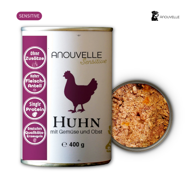 Dose mit Huhn und Gemüse, 400 g, für empfindliche Hunde.